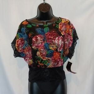 NWT Almost Famous sheer floral peasant crop top sz M